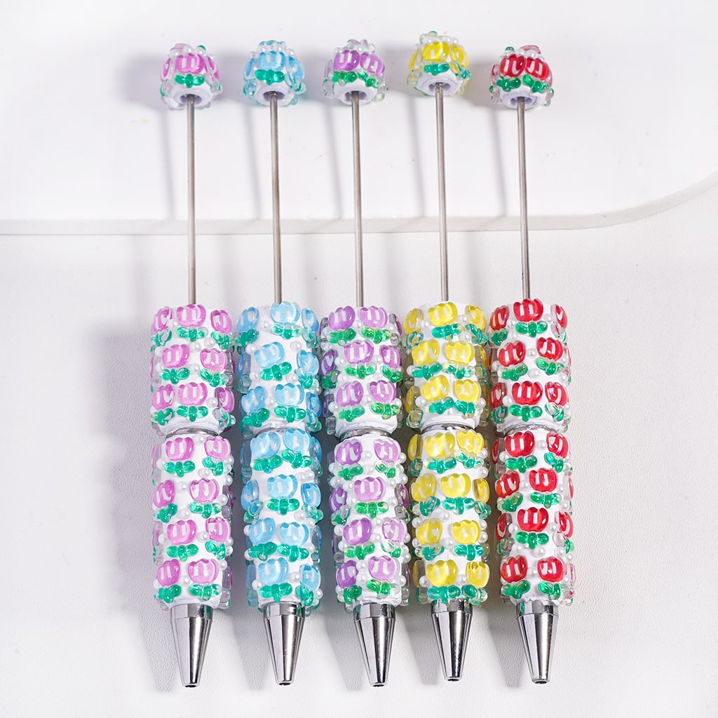 Cute Tulip Flower with Multicolor & Pearl Beadable Clay Pen Transparent Color, Random Mix