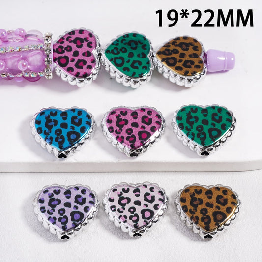 Multicolor Leopard Flat Heart Shape Acrylic Beads 19*22MM, Random Mix