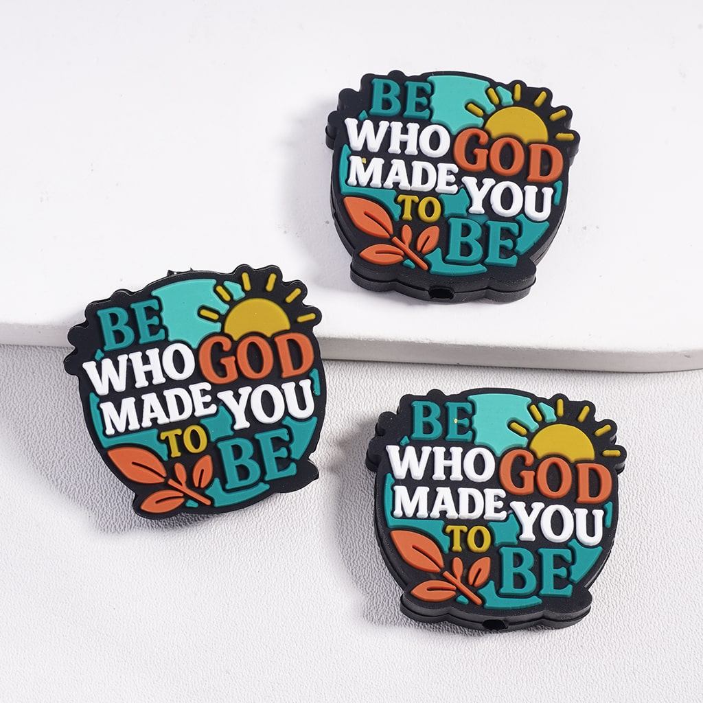 Be Who God Made You to Be Text with Sun & Leaf Flat Blue Silicone Focal Bead