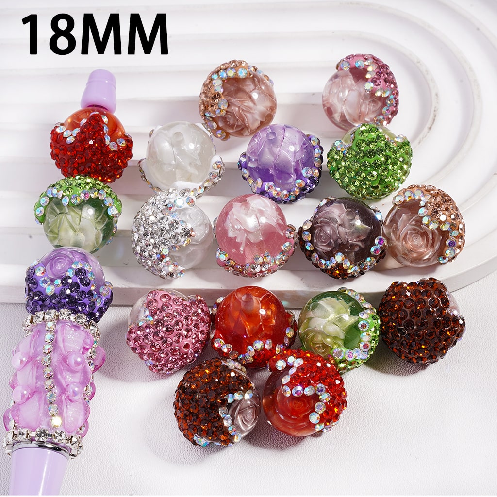 Multi Color Clear Acrylic Beads with Embedded Clay Flowers & Rhinestones, Round 18mm Random Mix (It's a little hard to stick into the pen pole)