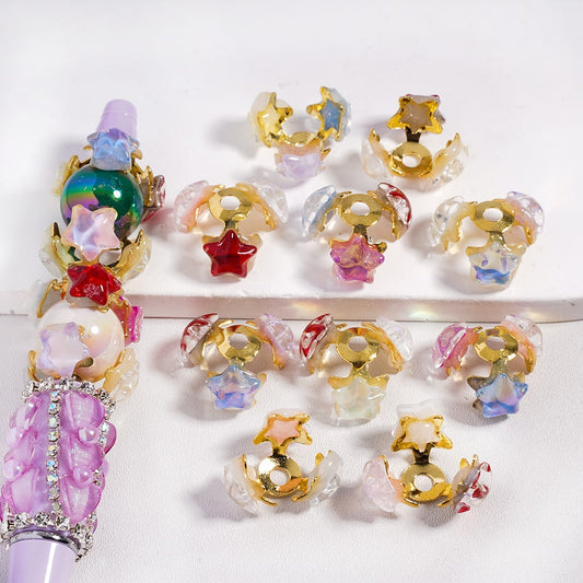 Gold Color Metal Cage Cap Beads Glossy Transparent Star Design Random Mix (Please Read the Description)