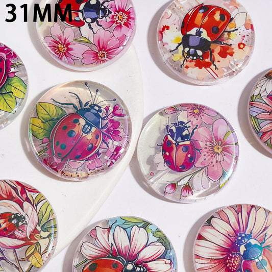 UV-Coated Charming Ladybug & Bloom Flat Round Shape Acrylic Beads, 31MM, Random Mix