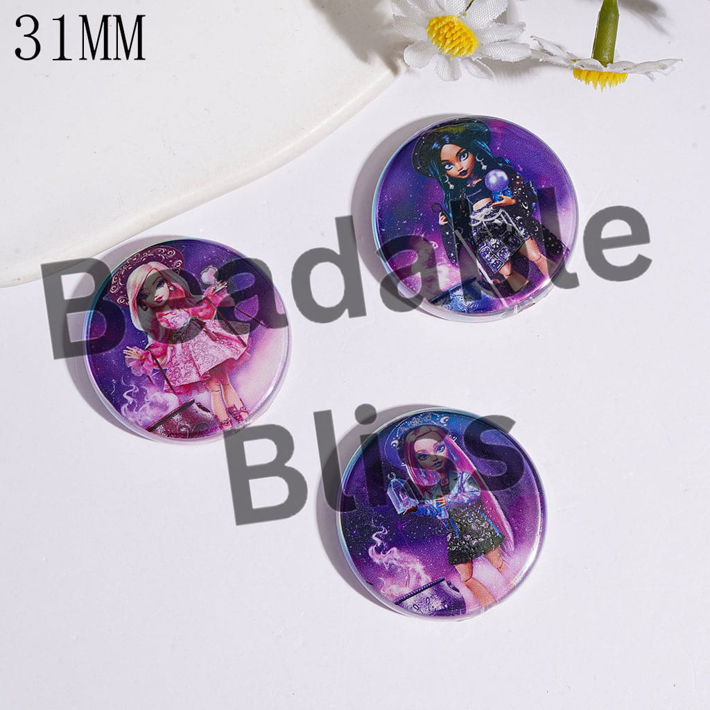 Acrylic Beads UV Coating with Explore an Adventure Elf High School, 31MM, Purple Series, Flat Round Shape, Random Mix