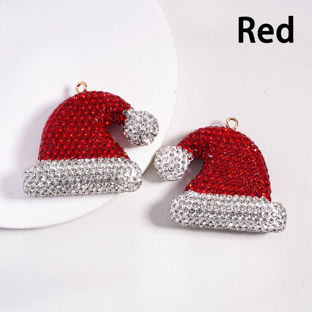 Large Sized Christmas Santa Hat with Colorful Rhinestone Clay Keychain Pendant & Jewelry Accessories 40*48MM Random Mix