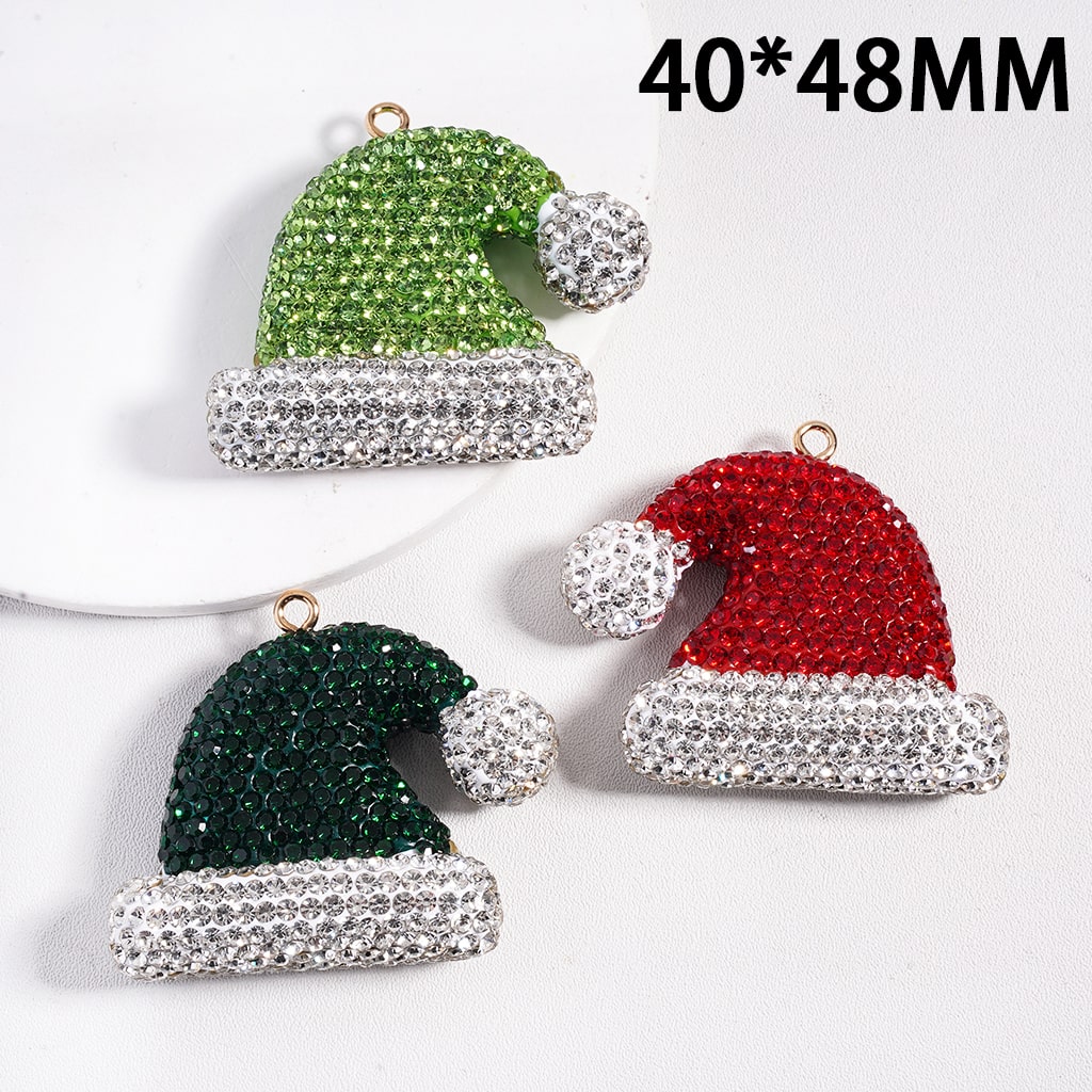 Large Sized Christmas Santa Hat with Colorful Rhinestone Clay Keychain Pendant & Jewelry Accessories 40*48MM Random Mix