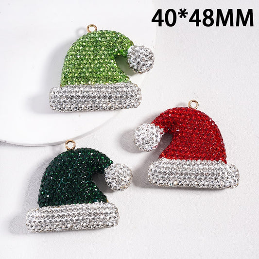 Large Sized Christmas Santa Hat with Colorful Rhinestone Clay Keychain Pendant & Jewelry Accessories 40*48MM Random Mix