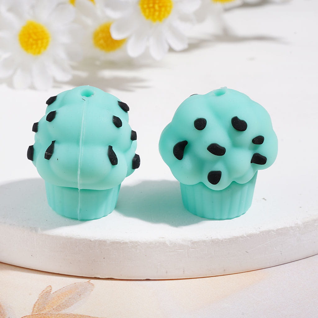 Silicone Focal Beads 3D Dessert Cupcake with Black Spots, 20*22MM, Assorted Colors