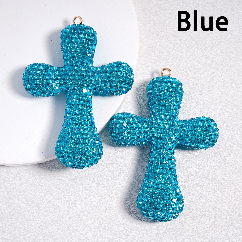 Large Size Multi Color Clay Cross Keychain Pendant Jewelry Accessories with Rhinestones 47*68MM Random Mix