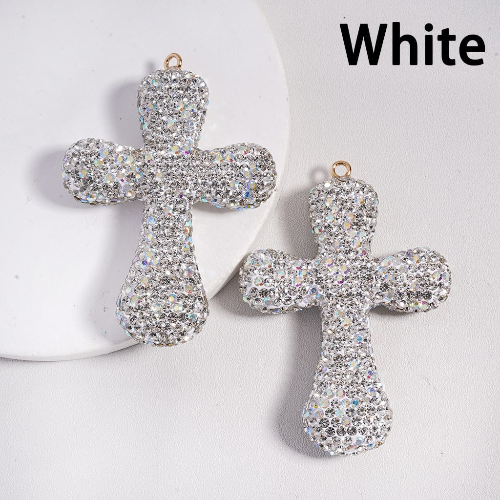 Large Size Multi Color Clay Cross Keychain Pendant Jewelry Accessories with Rhinestones 47*68MM Random Mix
