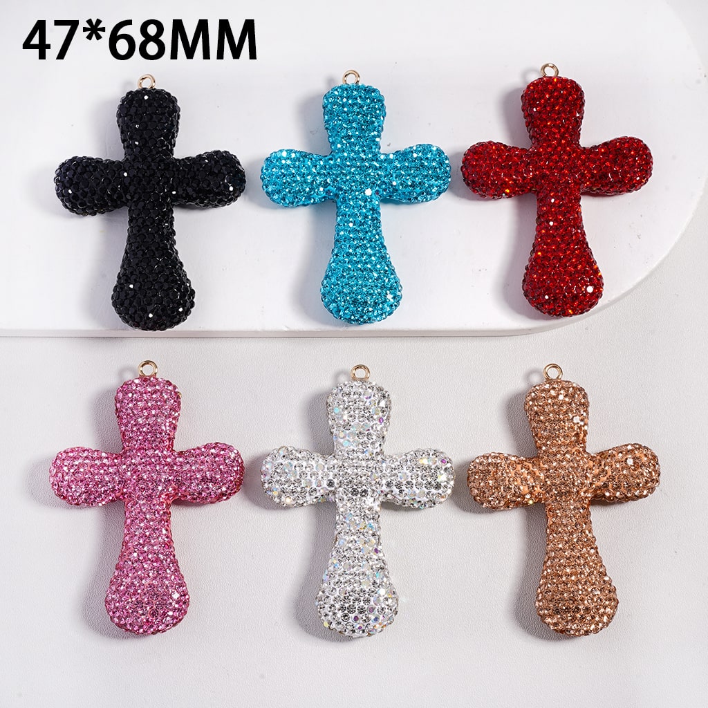 Large Size Multi Color Clay Cross Keychain Pendant Jewelry Accessories with Rhinestones 47*68MM Random Mix