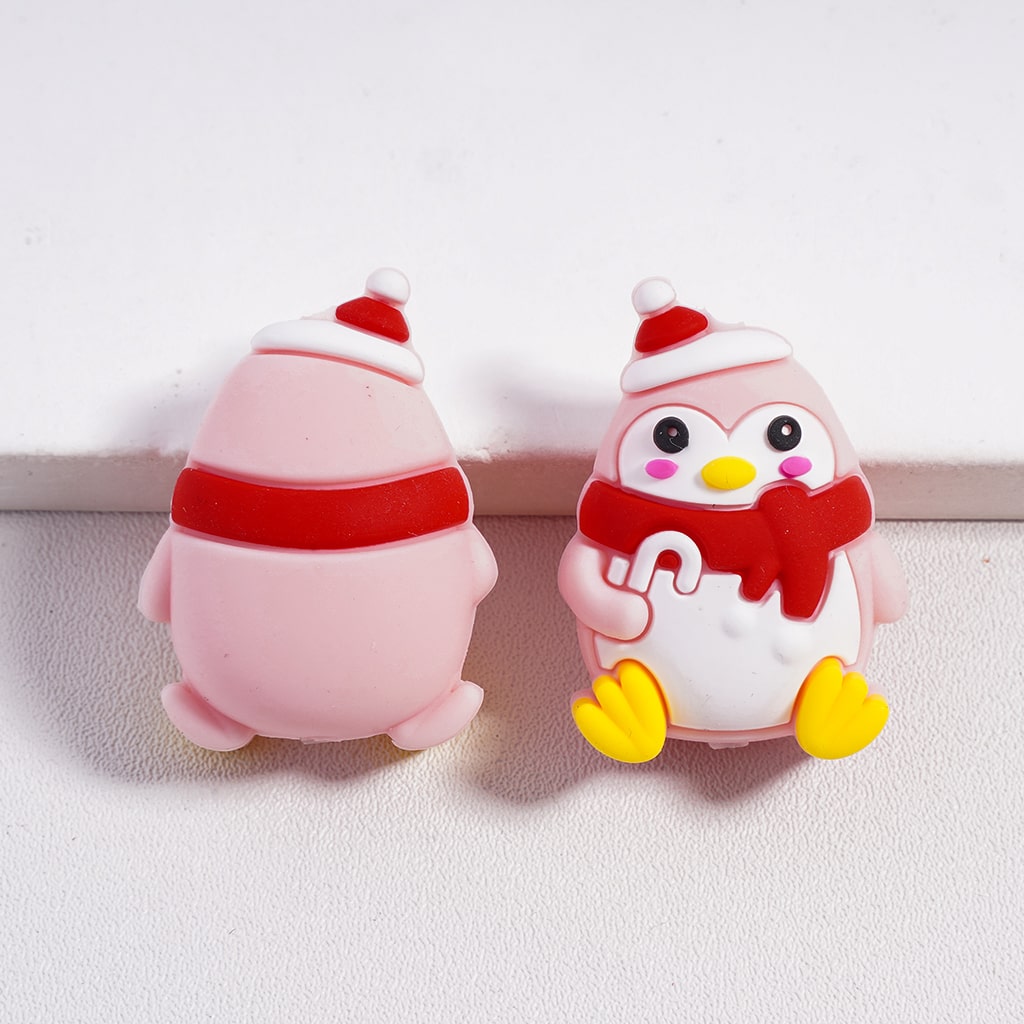 3D Christmas Theme Cute Penguin Holding Candy Cane with Hat and Red Scarf Silicone Focal Beads
