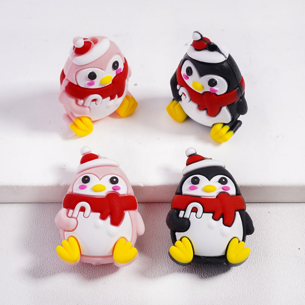 3D Christmas Theme Cute Penguin Holding Candy Cane with Hat and Red Scarf Silicone Focal Beads