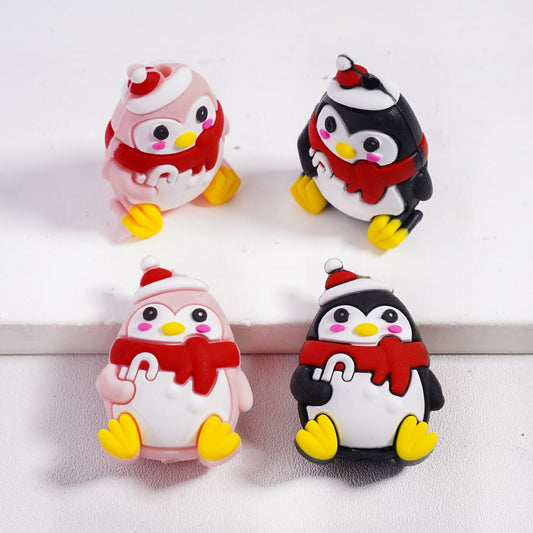 3D Christmas Theme Cute Penguin Holding Candy Cane with Hat and Red Scarf Silicone Focal Beads