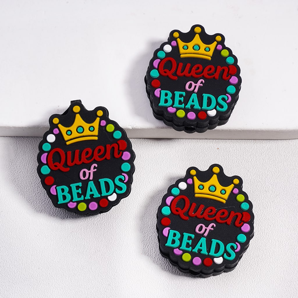 Heart Shape Design Text "Queen of Beads" and Yellow Crown and Polka Dots in Various Colors Silicone Focal Beads