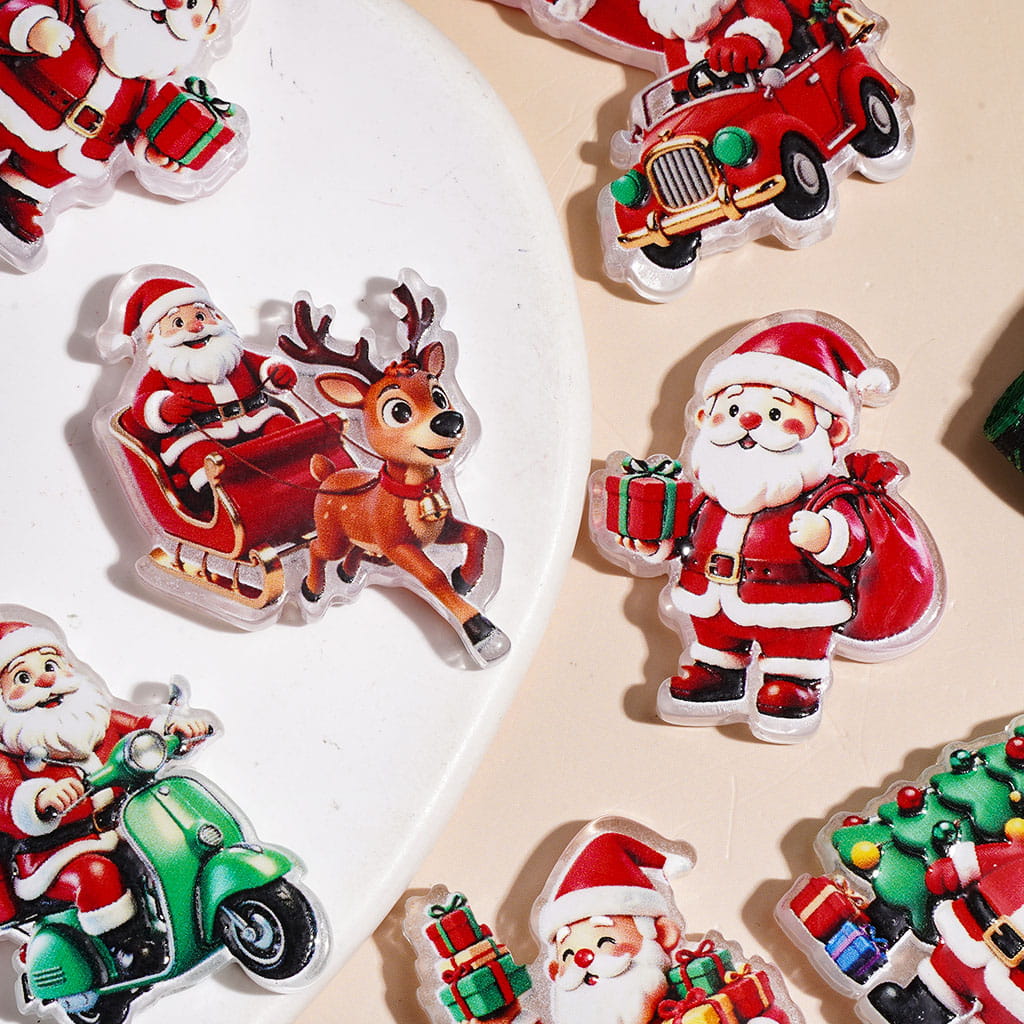 Christmas Santa Claus Sending Gifts Theme Acrylic Beads, Sitting Motorbike Car Sleigh, Random Mix