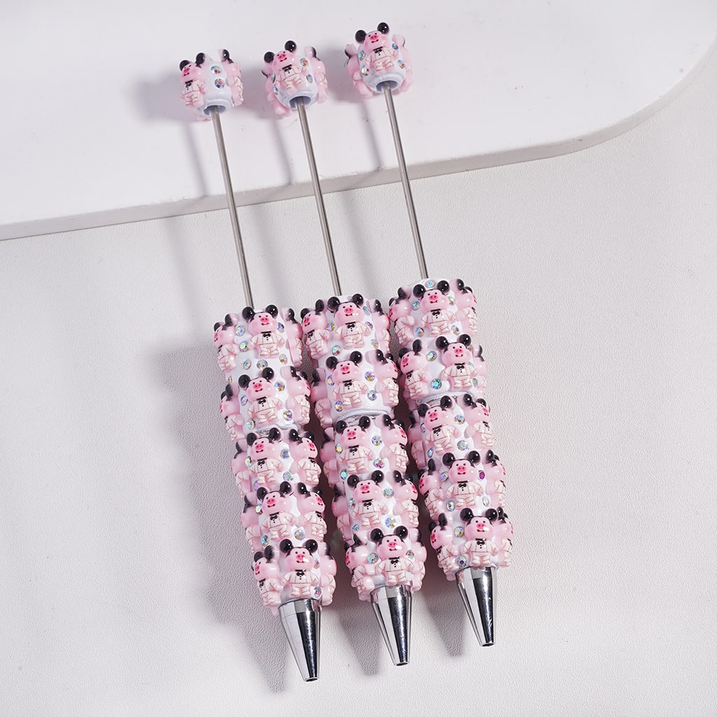 Cute Pink Pig Beadable Clay Pens with White Outfit & Shiny Rhinestones