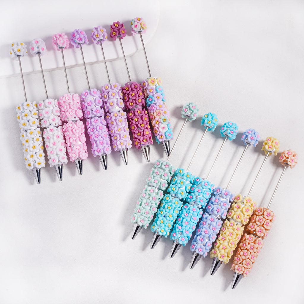 Multicolor Flowers Design & AB Rhinestones Beadable Clay Pen Random Mix