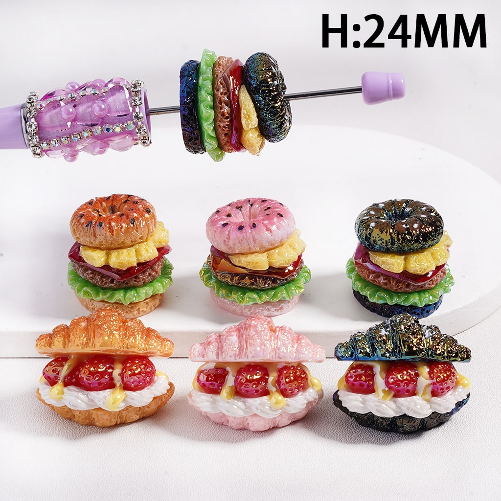 UV Coated Hamburgers & Croissants Multi Color Acrylic Beads 24MM, Random Mix