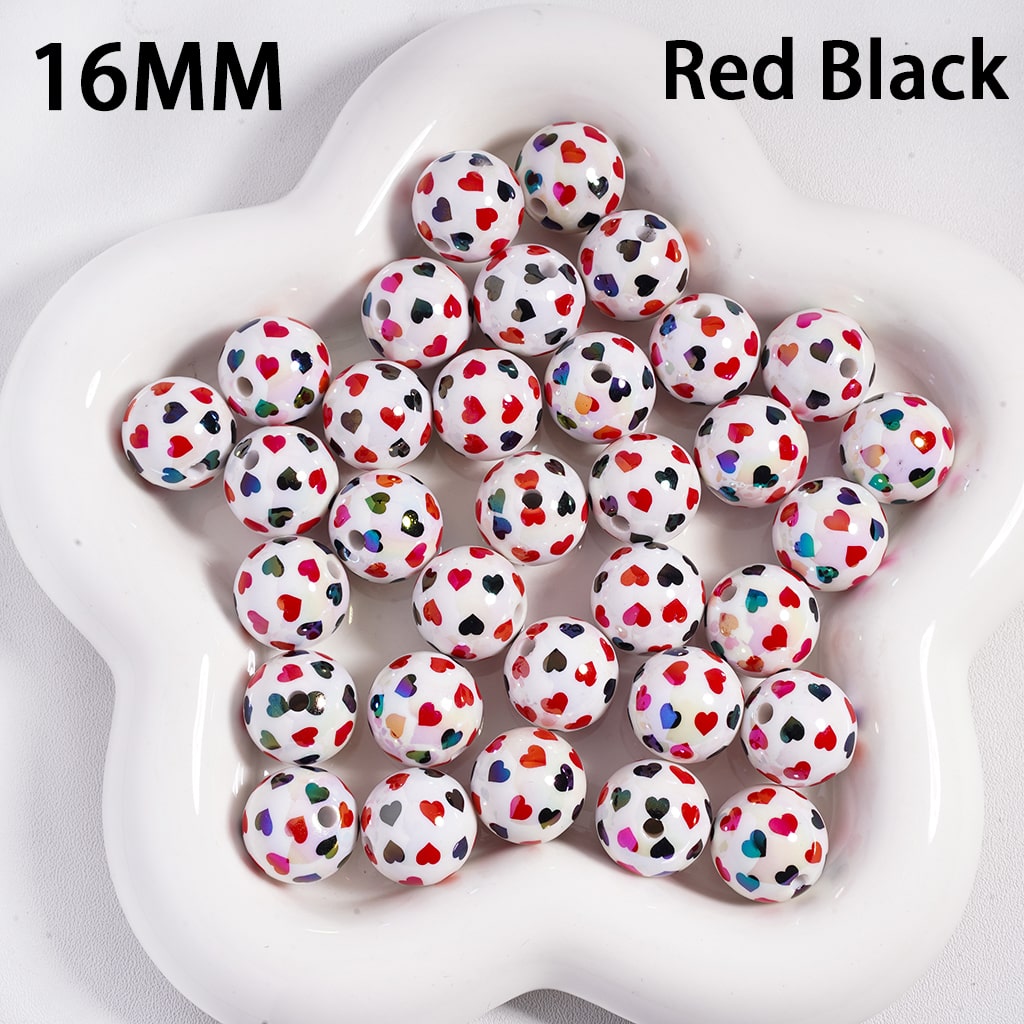 Double Color Heart Print Valentine’s Love Theme White Round Acrylic Beads 16 mm