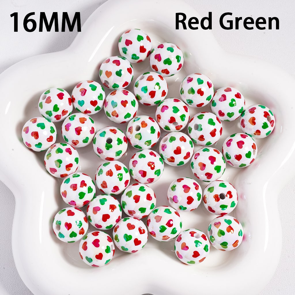 Double Color Heart Print Valentine’s Love Theme White Round Acrylic Beads 16 mm