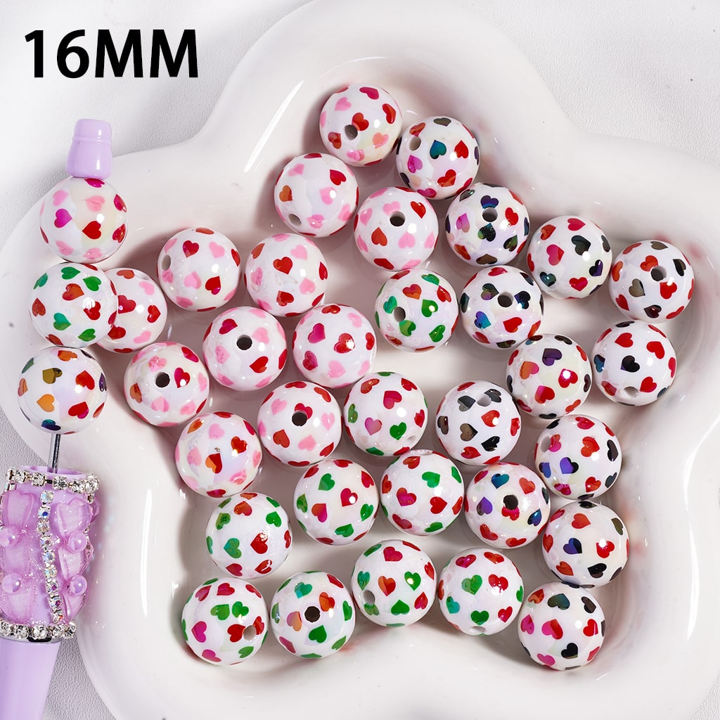 Double Color Heart Print Valentine’s Love Theme White Round Acrylic Beads 16 mm