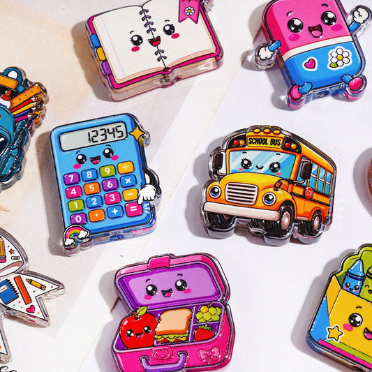 Cute School Supplies Notebook, Eraser, Lunch Box, Paint Palette, School Bag, Colored Pen, Crayon Box, Bow, Calculator & School Bus Acrylic Beads, Multicolor Random Mix