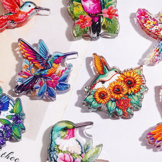 Delicate Hummingbird and Flower Semi-Clear Acrylic Beads, Multicolor Random Mix