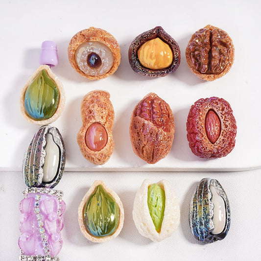 UV Coating Mixed Pistachio, Walnut, Hazelnut & Pumpkin Seed Nuts Shape Acrylic Beads Random Mix