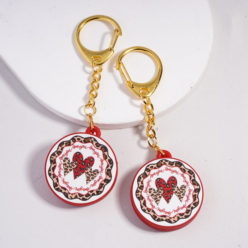 Leopard Heart ‘Love You’ Print Hearts Valentine's Day Theme Flat Round Silicone Metal Keychain Charm with Gold Color Lobster Clasp