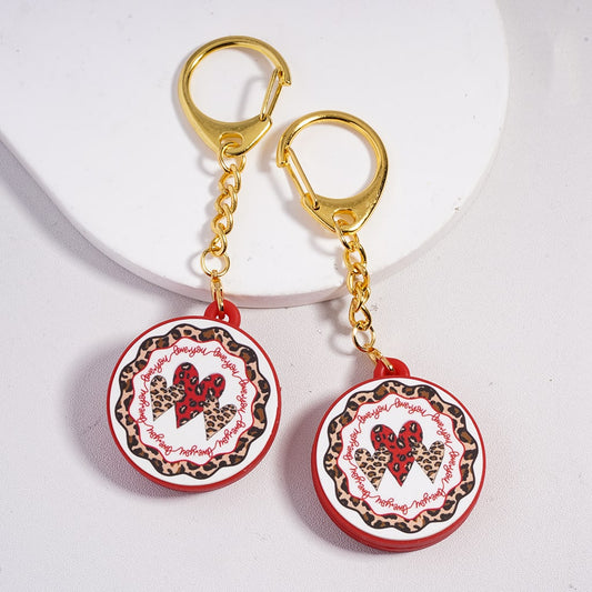 Leopard Heart ‘Love You’ Print Hearts Valentine's Day Theme Flat Round Silicone Metal Keychain Charm with Gold Color Lobster Clasp