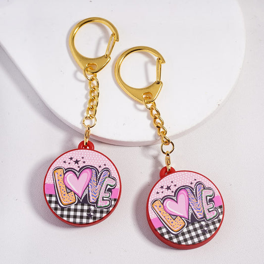 Checkered Star ‘Love’ Flat Round With Love Text Valentine's Day Theme  Silicone Metal Keychain Charm Flat Round Shape with Gold Color Lobster Clasp