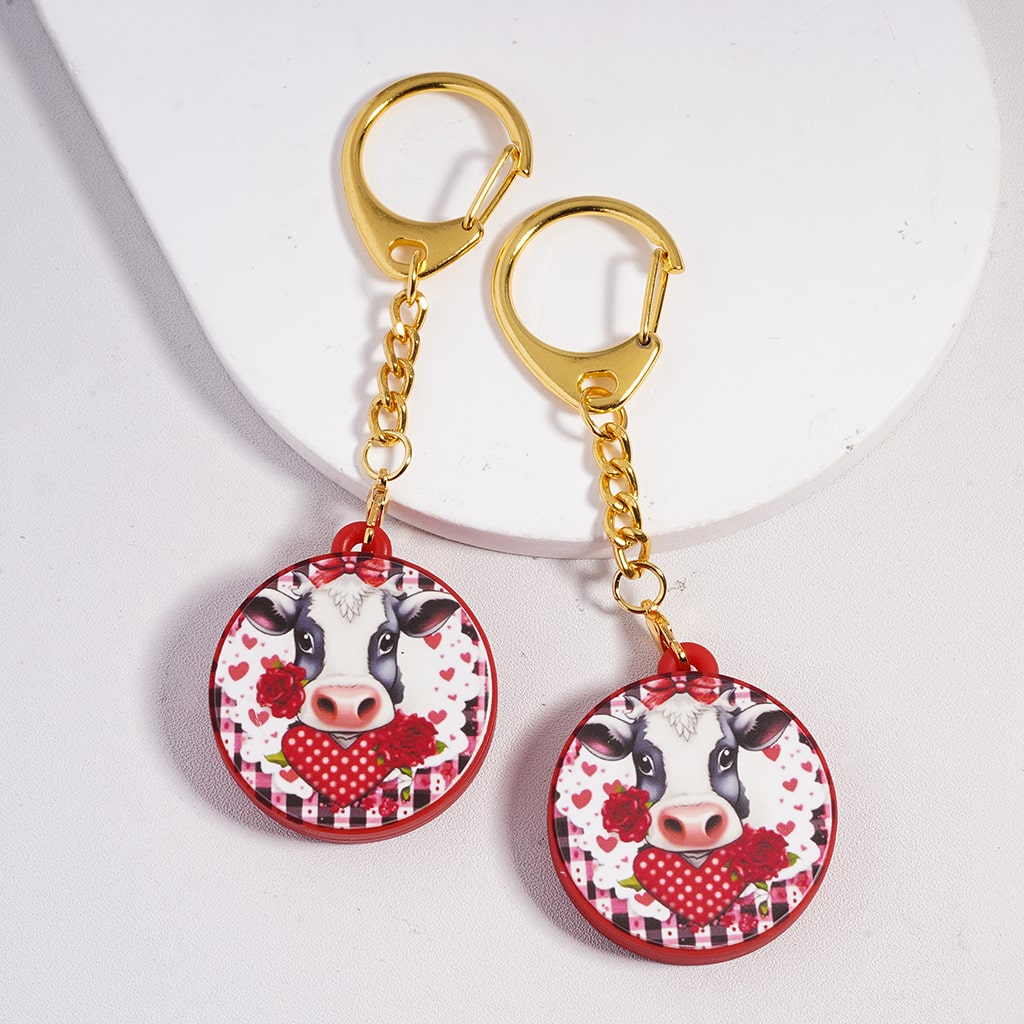 Cow with Red Bowtie Rose Flower Hearts Valentine's Day Style, Flat Round Silicone Metal Keychain Charm with Gold Color Lobster Clasp