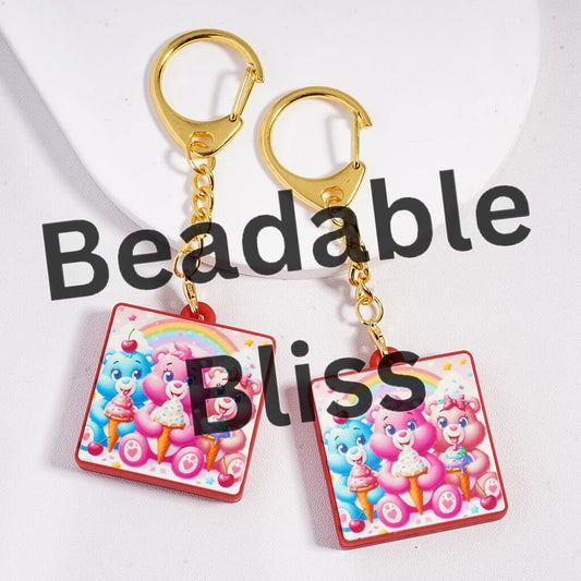 Metal Keychain w Lobster Clasp Silicone Charm Pendant, Three Bears Eat Ice-cream Under the Rainbow Valentine's Day, Flat Square Shape