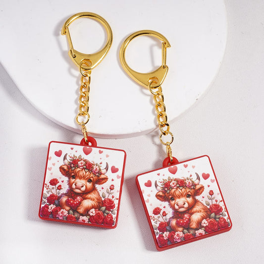 Highland Cow Holding Heart w Red & Pink Rose Flowers Valentine's Day Theme, Flat Square Shape Silicone Metal Keychain Charm with Gold Color Lobster Clasp