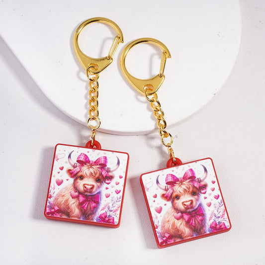 Highland Cow w Pink Checkered Pattern Bowties & Hearts Valentine's Day Theme Flat Square Shape Silicone Metal Keychain Charm with Gold Color