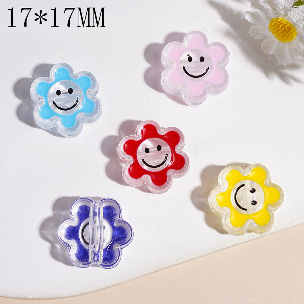 Flower Shaped Single-Side Acrylic Beads with Smiling Face, Translucence, 17*17MM Multi-Color Random Mix (The Hole Is Horizontal, Not Vertical)