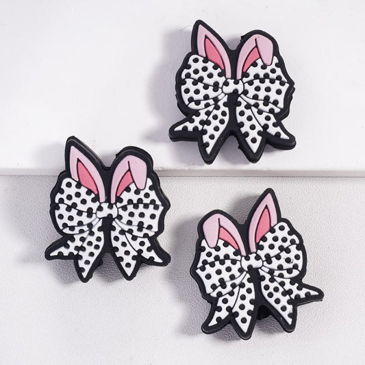 Cute Bowtie with Big Bunny Ears and Black Polka Dots Easter Theme Silicone Focal Beads