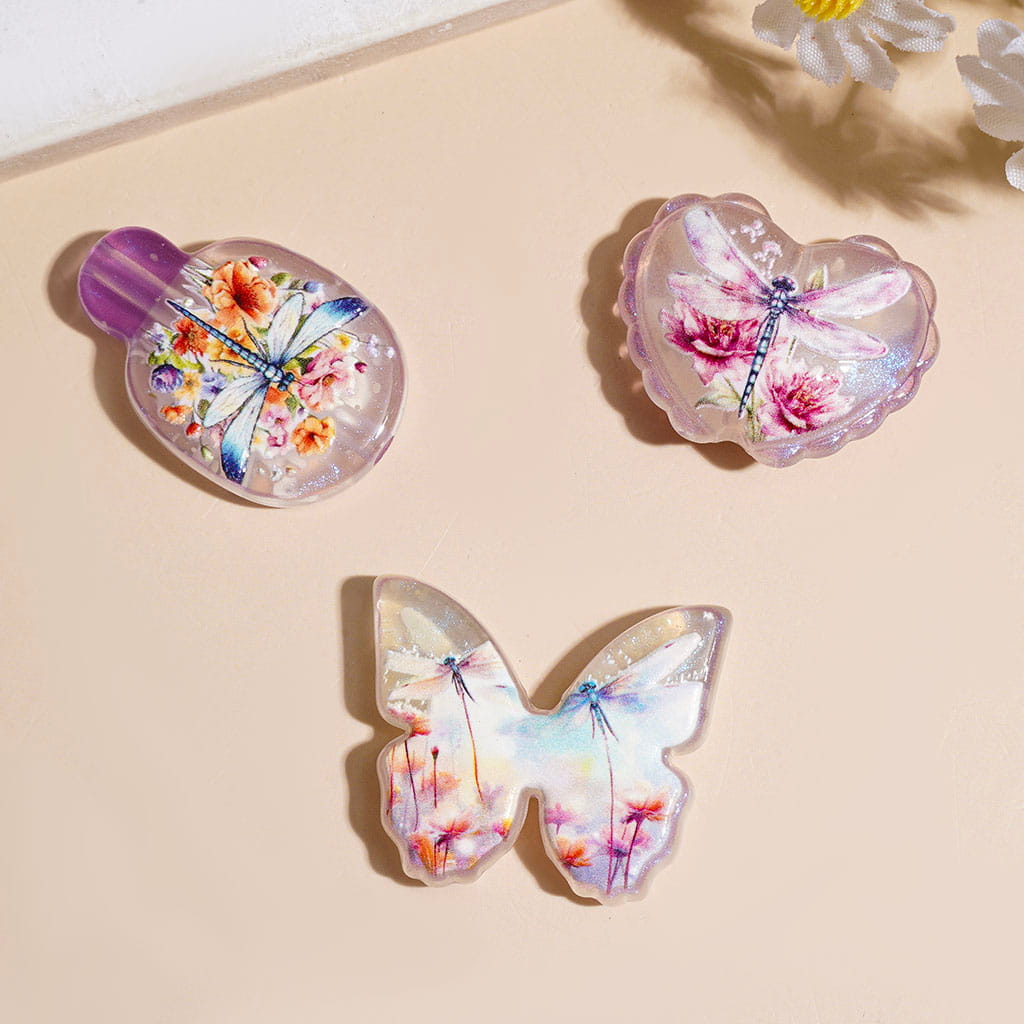 Acrylic Beads and Pendants with Dragonfly and Flower in Purple Series, Random Mix
