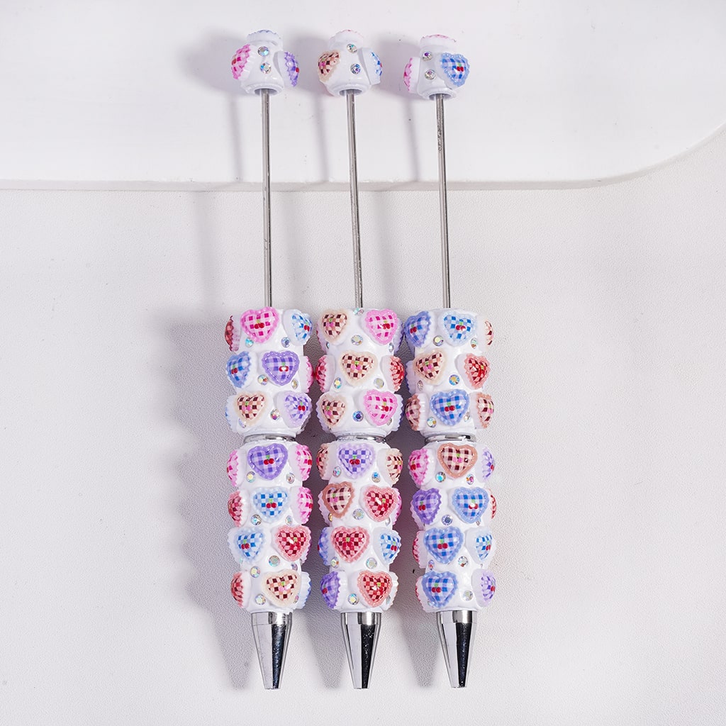 Mini Checkered Heart & Cherry Beadable Clay Pens with AB Rhinestones
