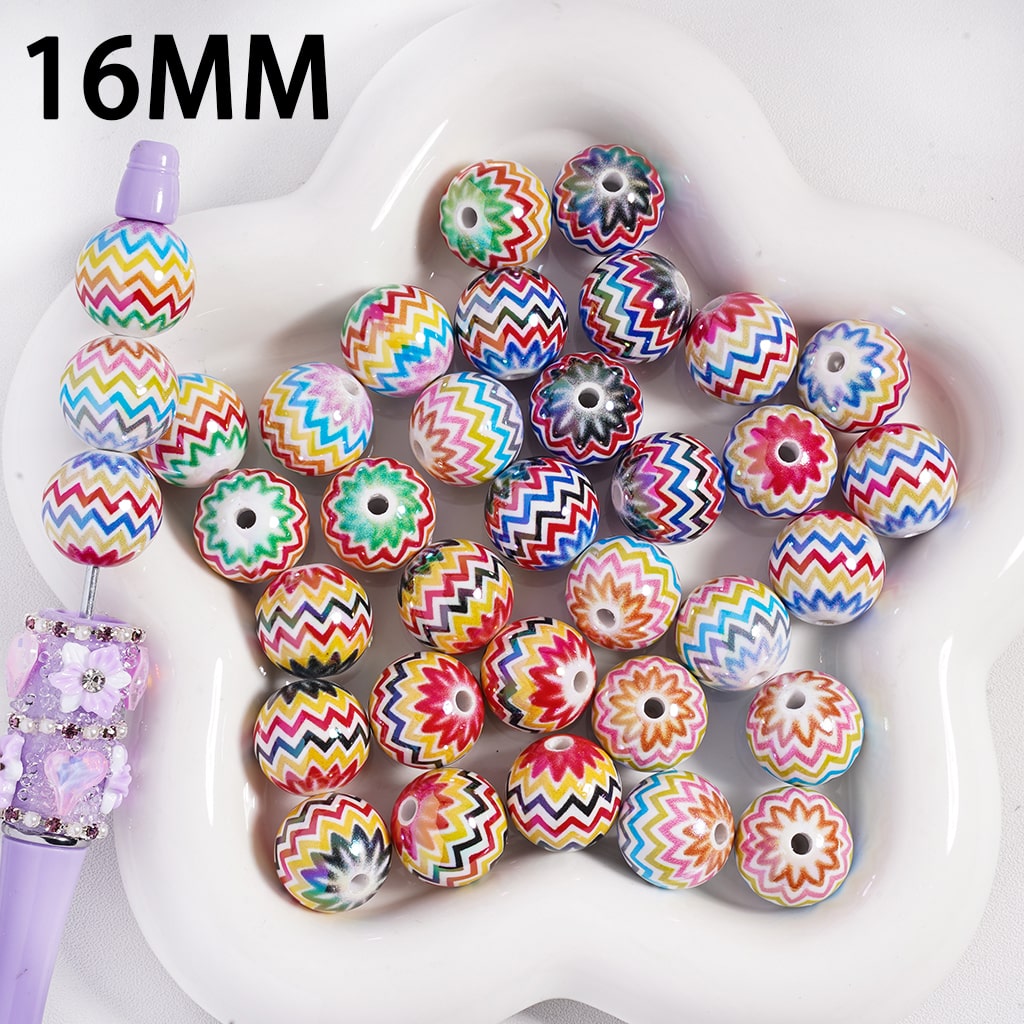 Wave Stripe Multi Color Easter Theme Round Acrylic Beads 16mm