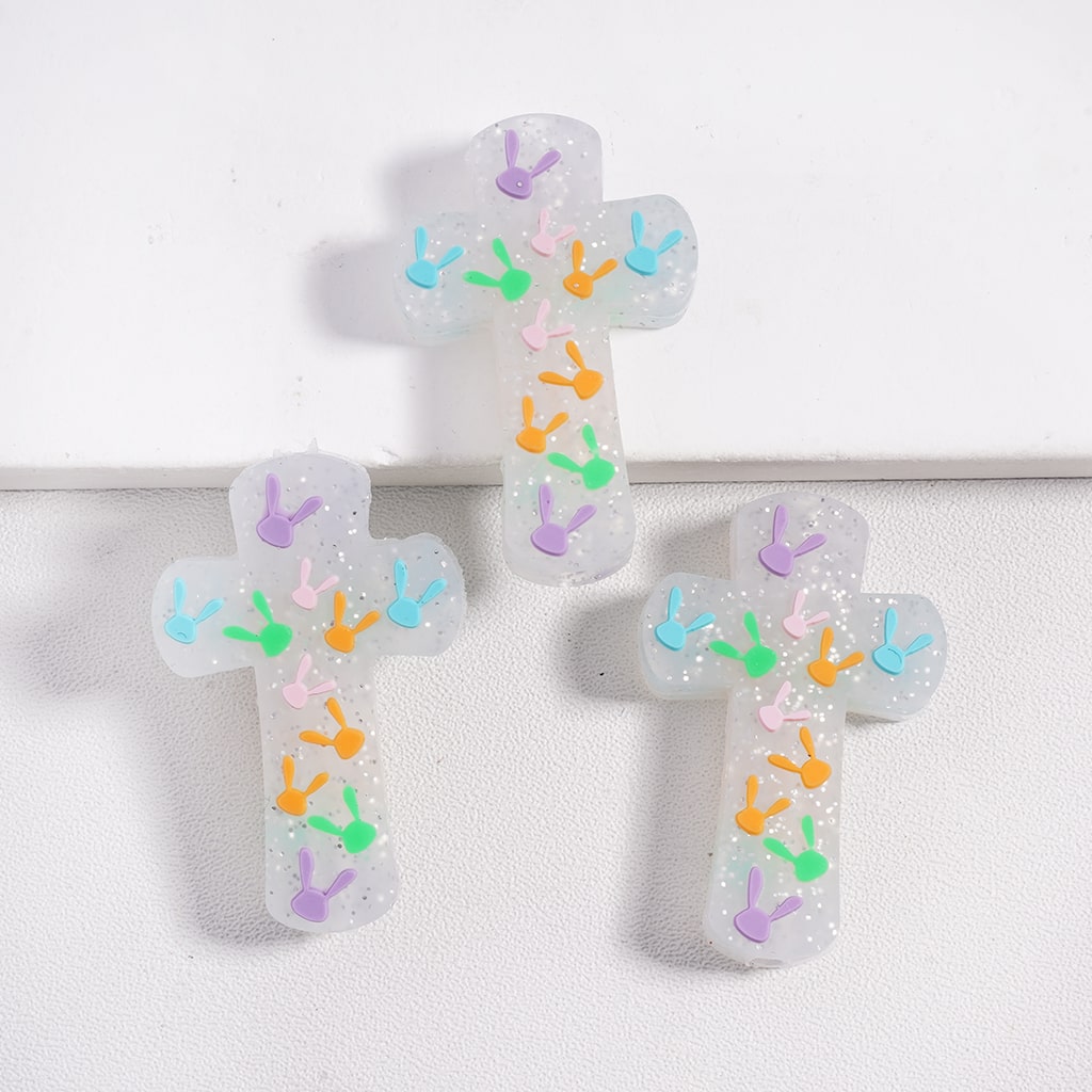 White and Purple Cross with Colorful Rabbit Shape Heads Different Silicone Focal Beads