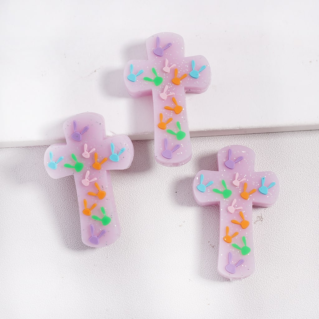 White and Purple Cross with Colorful Rabbit Shape Heads Different Silicone Focal Beads