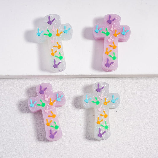 White and Purple Cross with Colorful Rabbit Shape Heads Different Silicone Focal Beads