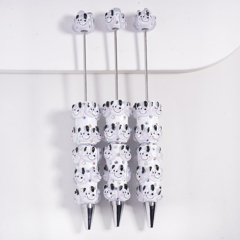 Smiling Dog Head Beadable Clay Pens with Black Ears and AB Rhinestones