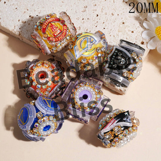 Football Fan Glam with Team Emblems, White Pearls & AB Rhinestone Chains Handmade Acrylic Beads, 20MM Random Mix