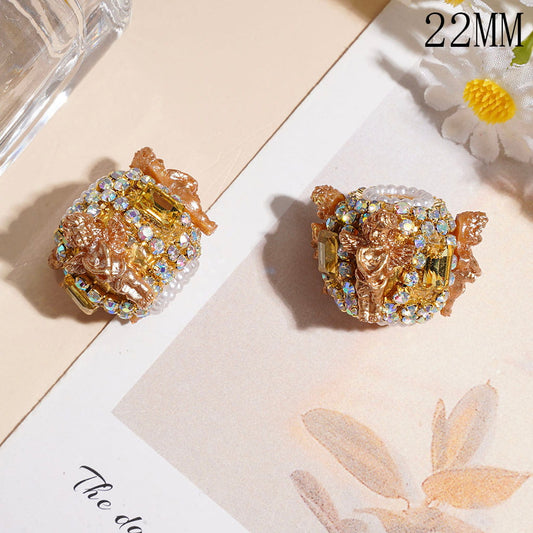 Elegant Angel Cross with Gold Background, Sparkling Yellow Rectangular Rhinestone, White Pearl and AB Rhinestone Chains Handmade Acrylic Beads, 22MM