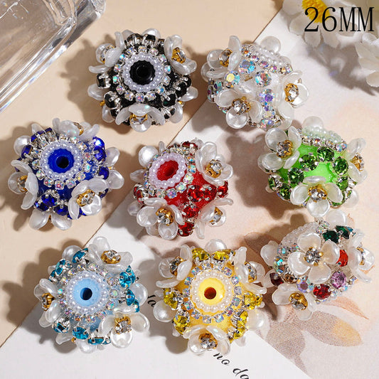 Elegant White Four-Petaled Flower with Colorful Rhinestone & Pearl Chains, Handmade Acrylic Beads, 26MM, Random Mix