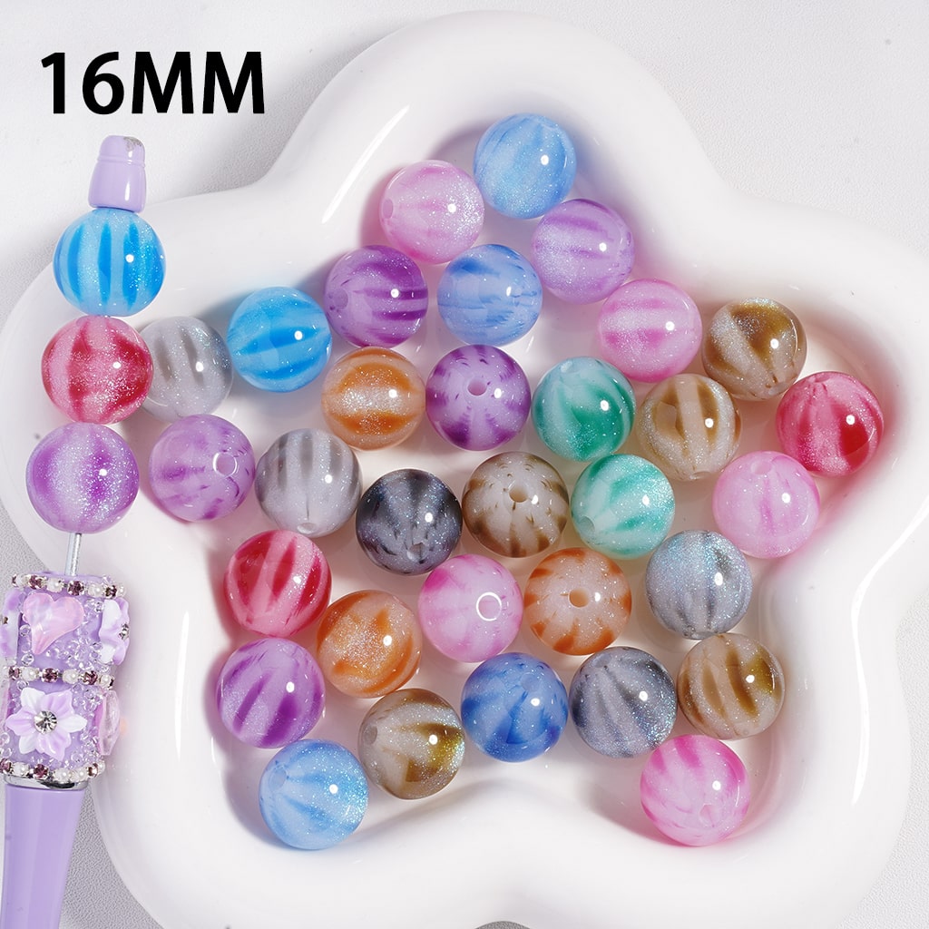 Watermelon Stripes & Glitter Multi Color Round Acrylic Beads 16 MM Random Mix