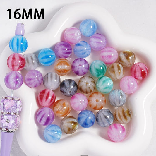 Watermelon Stripes & Glitter Multi Color Round Acrylic Beads 16 MM Random Mix