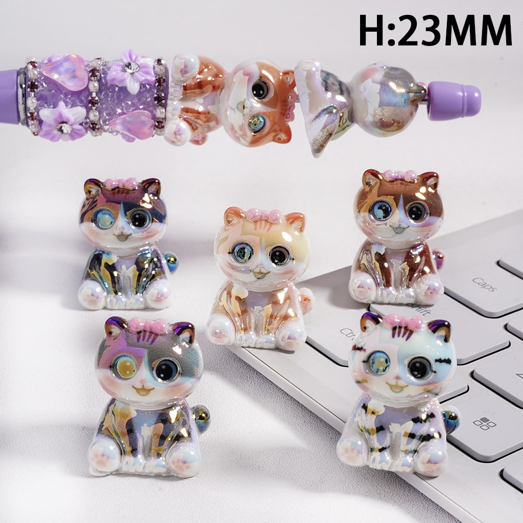 UV Coated Lovely Cute Cat Kitten with Pink Bowtie Acrylic Beads Height 23MM, Random Mix